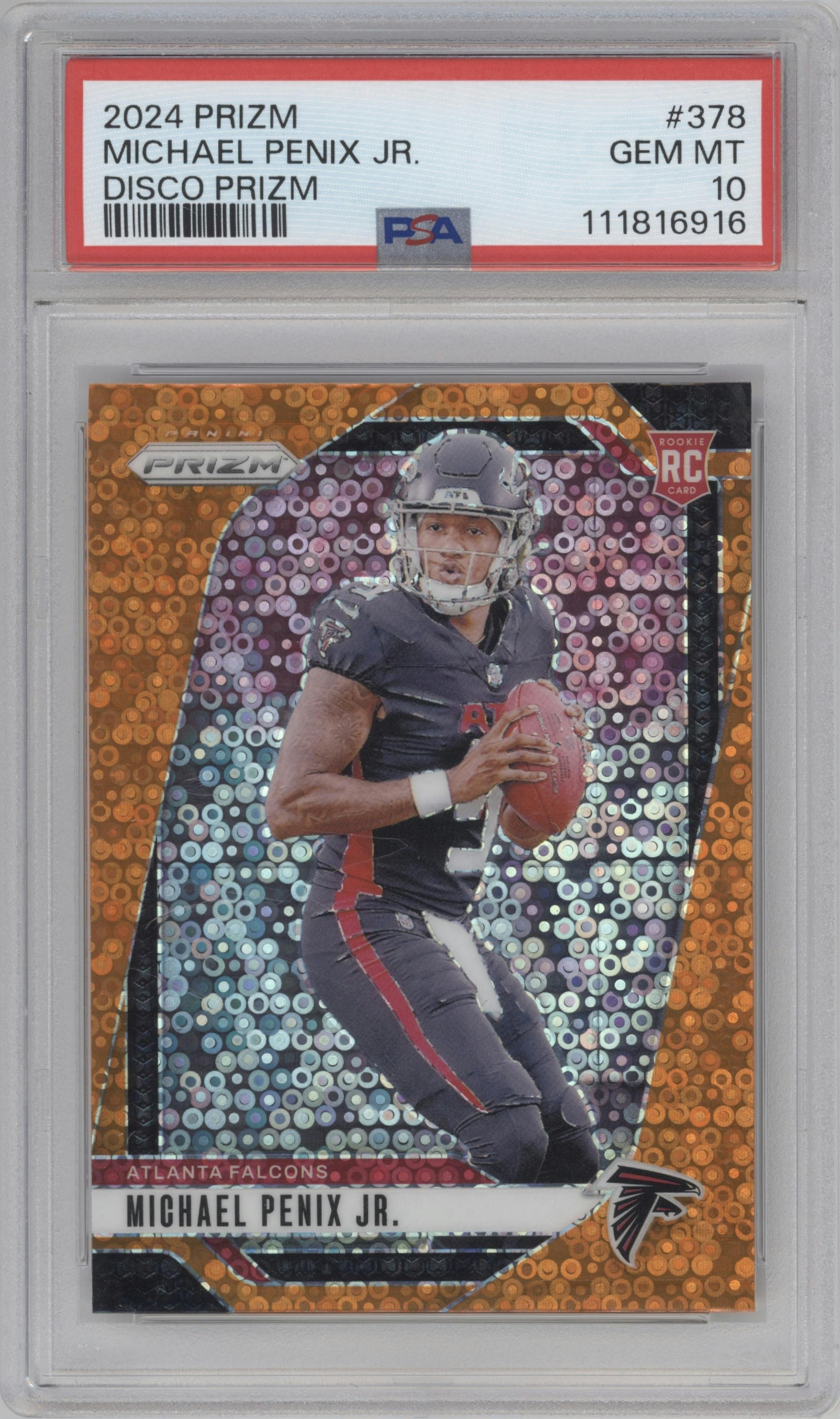 Michael Penix Jr. from the 2024 Panini Prizm set featuring a Disco parallel graded by PSA and given an overall grade of 10.