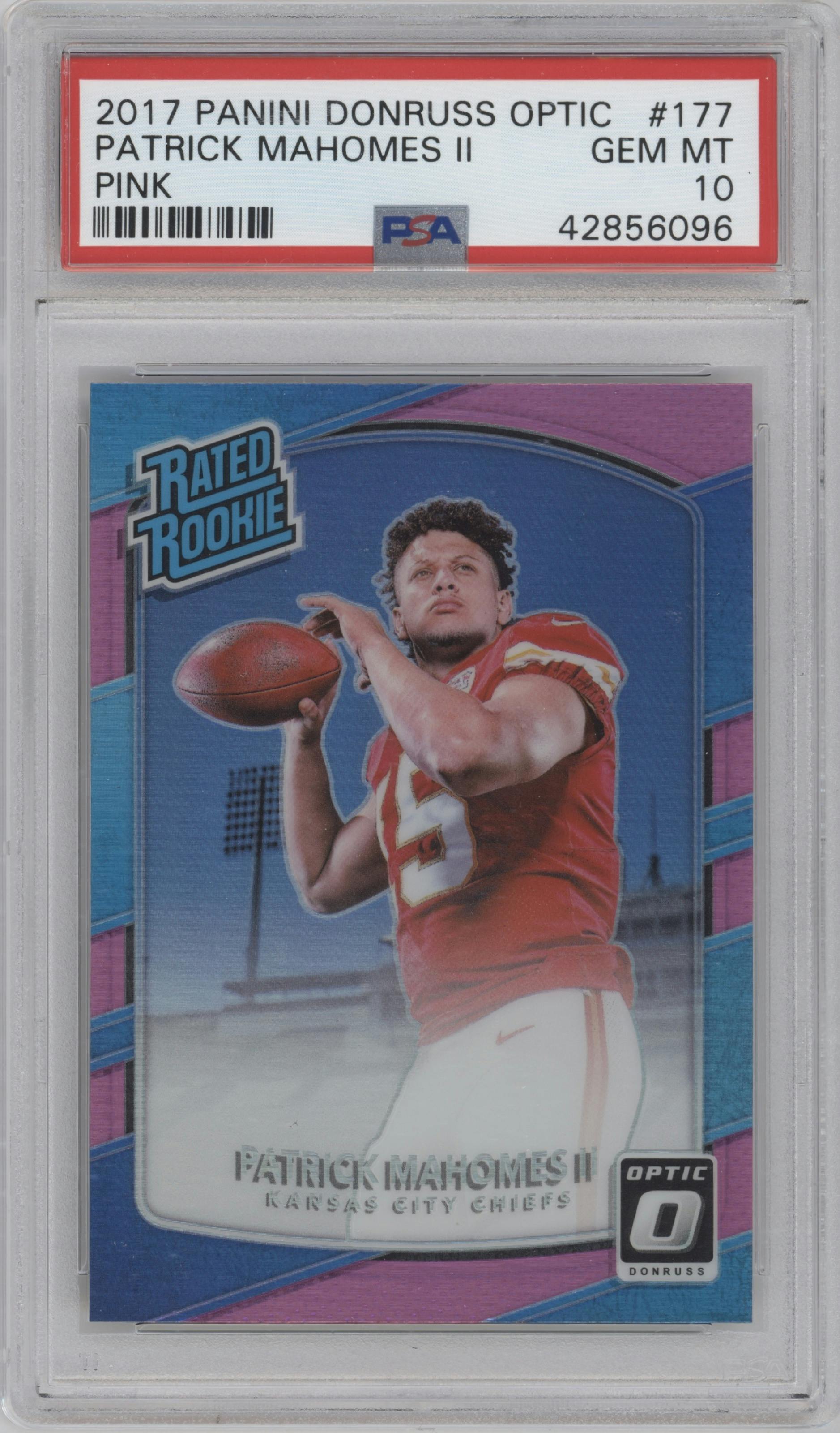Patrick Mahomes II from the 2017 Panini Donruss Optic set featuring a Pink parallel graded by PSA and given an overall grade of 10.