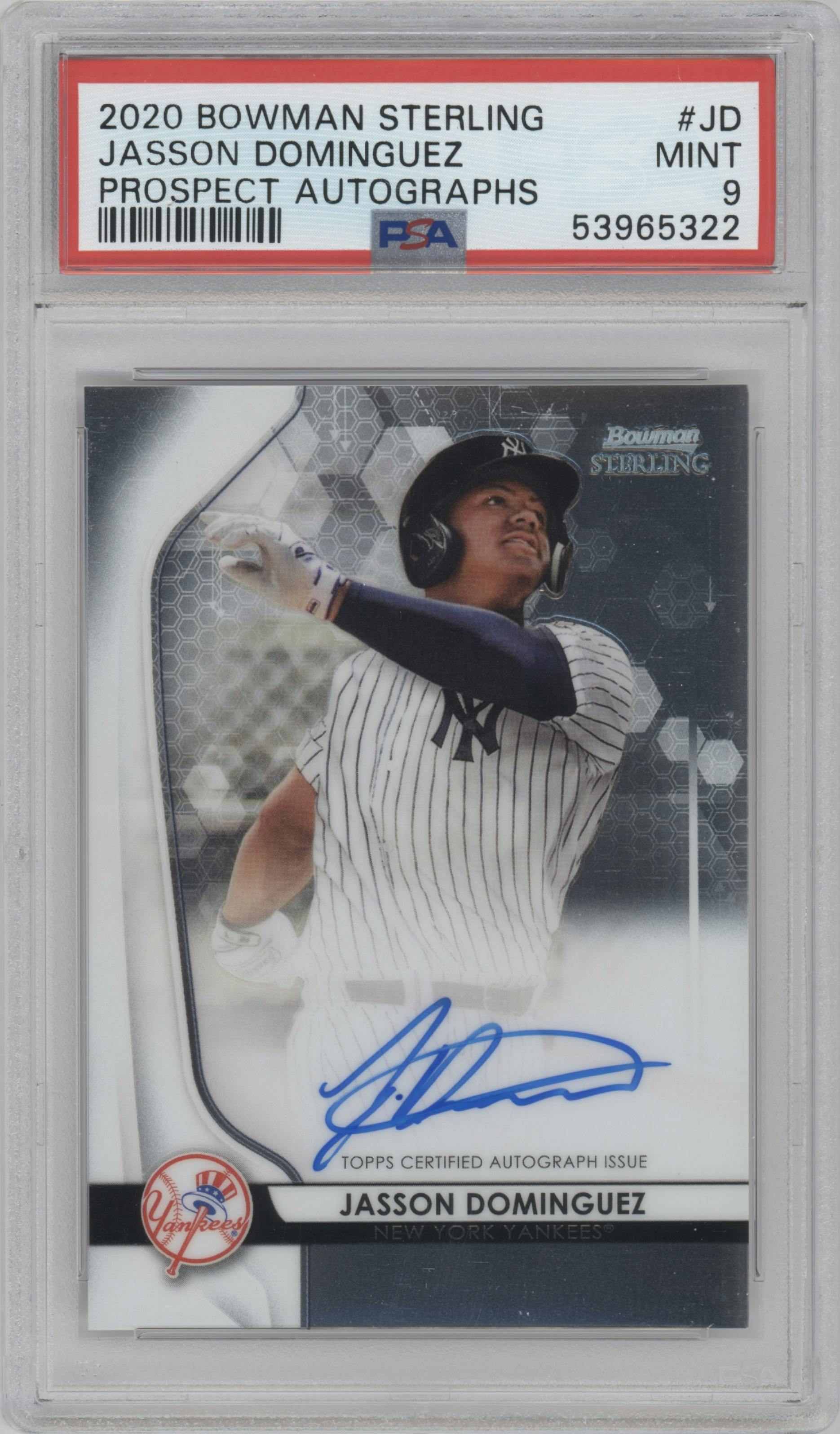 Jasson Dominguez from the 2020 Bowman Sterling set graded by PSA and given an overall grade of 9.