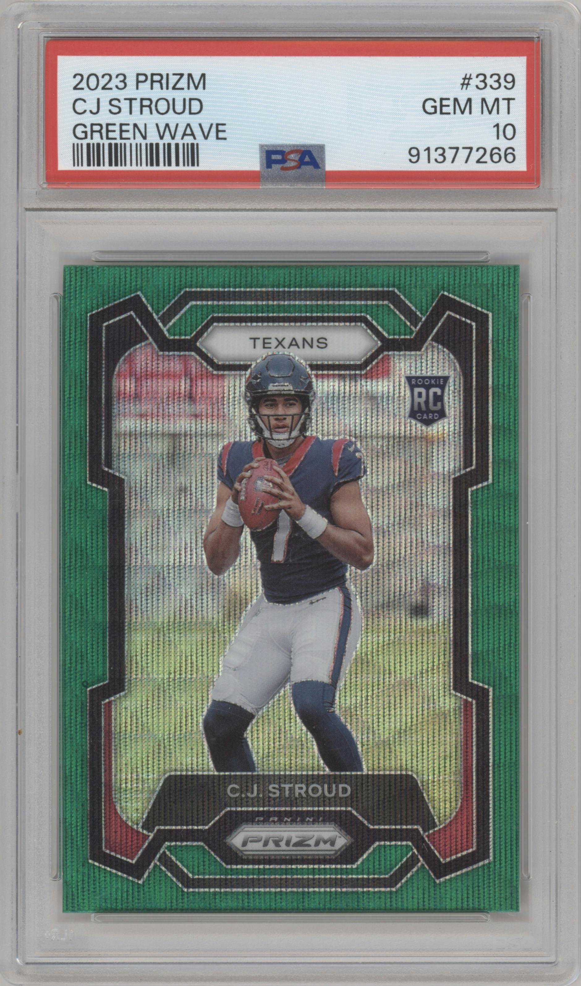 C.J. Stroud from the 2023 Panini Prizm set featuring a Green Wave  parallel graded by PSA and given an overall grade of 10.