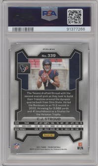 C.J. Stroud from the 2023 Panini Prizm set featuring a Green Wave  parallel graded by PSA and given an overall grade of 10.