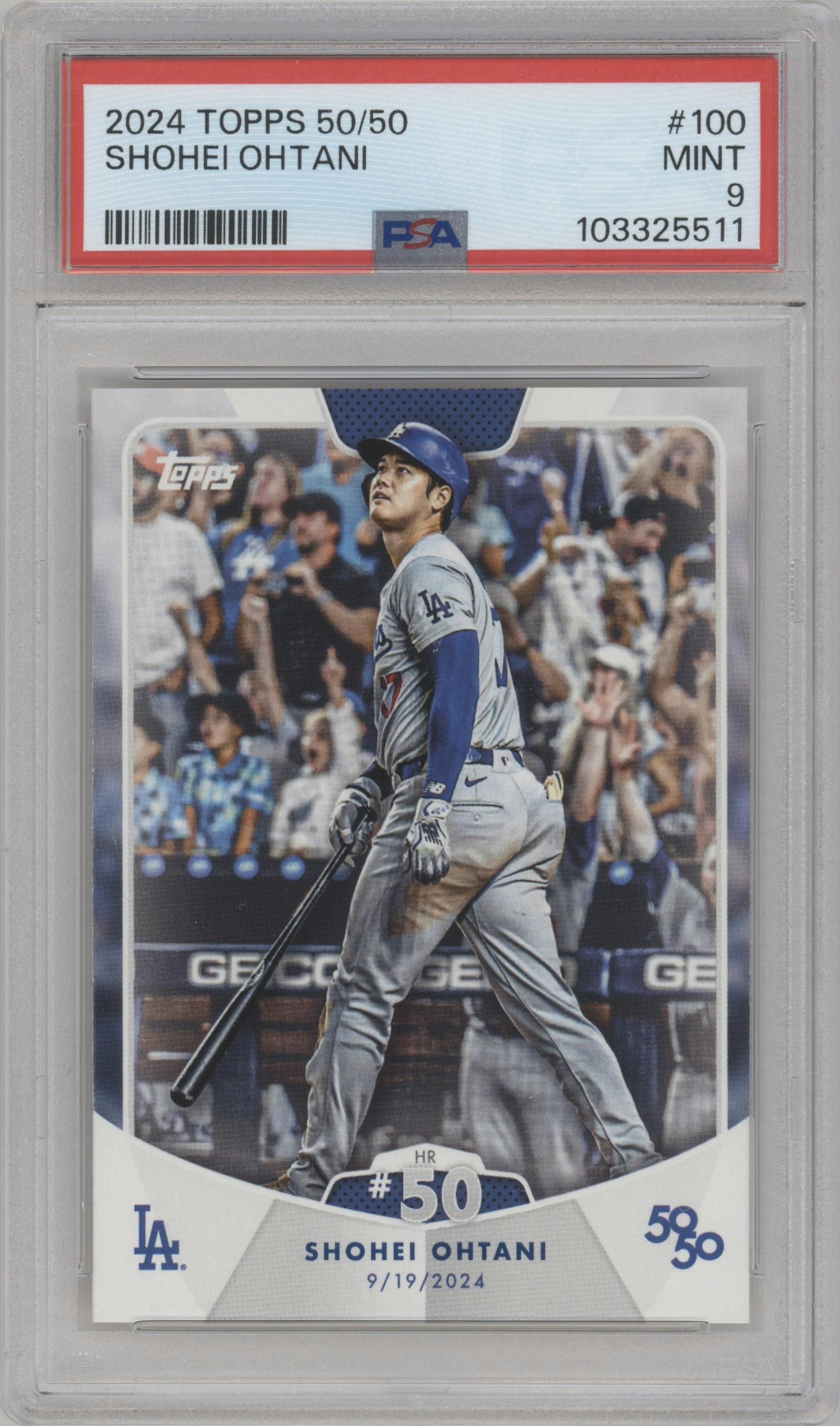 Shohei Ohtani from the 2024 Topps 50/50 set graded by PSA and given an overall grade of 9.