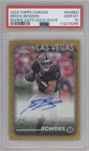 Brock Bowers from the 2024 Topps Chrome set featuring a Gold Wave parallel graded by PSA and given an overall grade of 10.