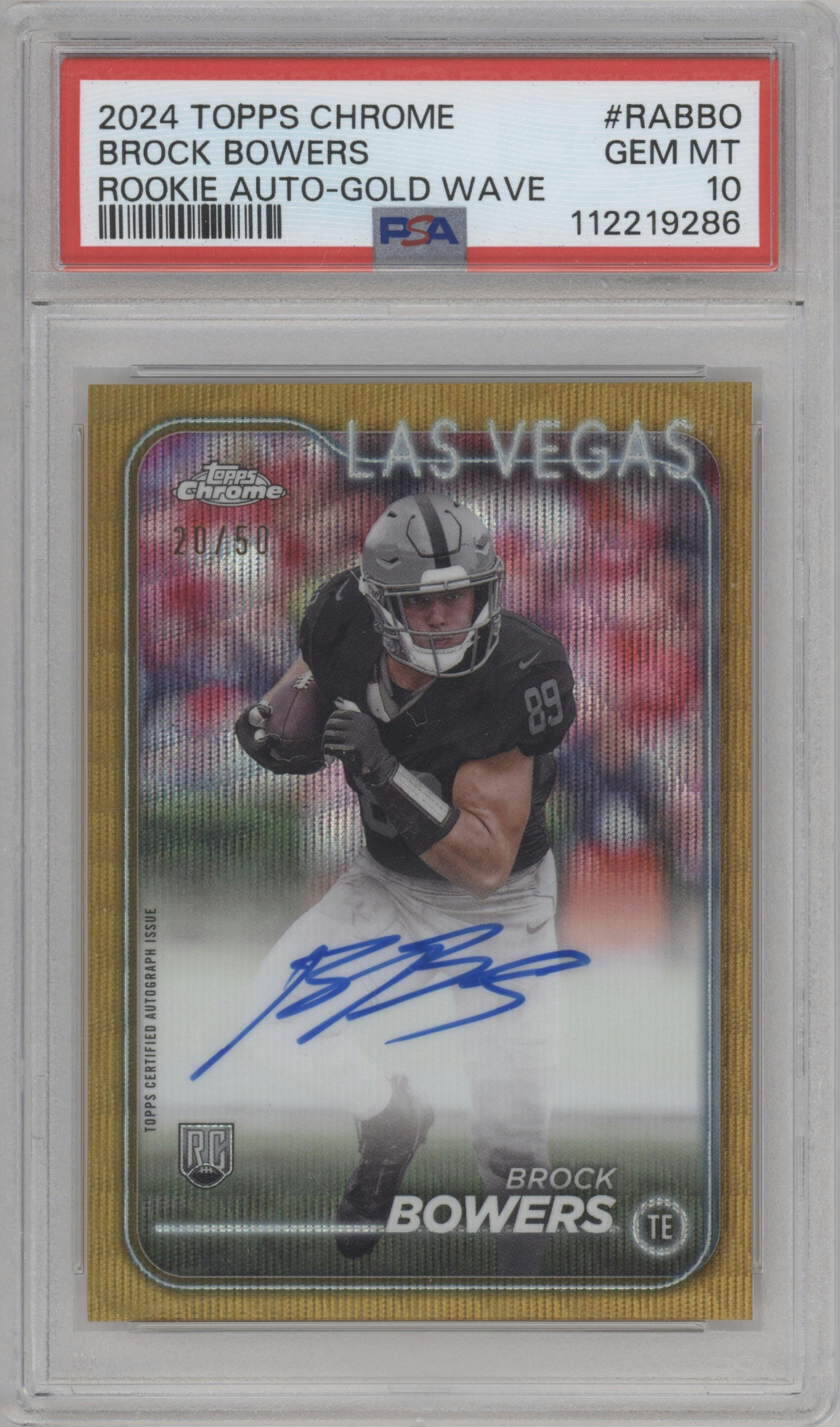 Brock Bowers from the 2024 Topps Chrome set featuring a Gold Wave parallel graded by PSA and given an overall grade of 10.