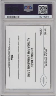 Brock Bowers from the 2024 Topps Chrome set featuring a Gold Wave parallel graded by PSA and given an overall grade of 10.