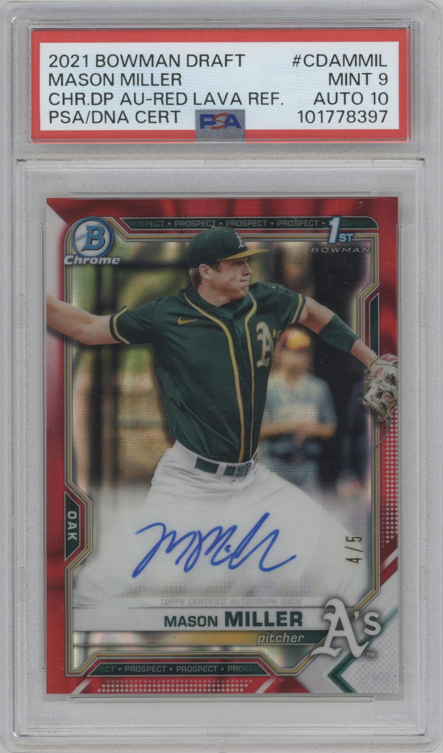 Mason Miller from the 2021 Bowman Draft set featuring a Red Lava Refractor parallel graded by PSA and given an overall grade of 9.