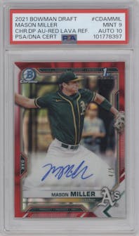 Mason Miller from the 2021 Bowman Draft set featuring a Red Lava Refractor parallel graded by PSA and given an overall grade of 9.