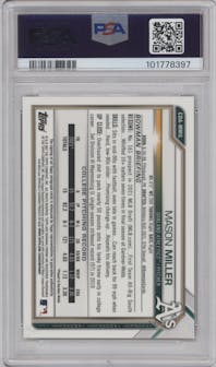 Mason Miller from the 2021 Bowman Draft set featuring a Red Lava Refractor parallel graded by PSA and given an overall grade of 9.