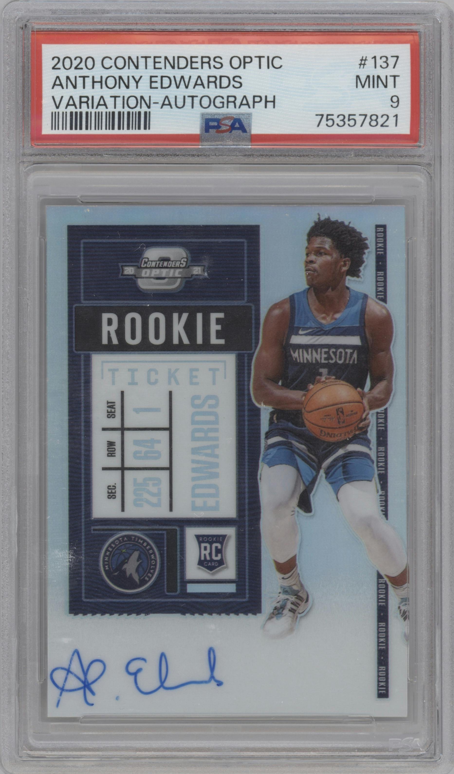 Anthony Edwards from the 2020-21 Panini Contenders Optic set graded by PSA and given an overall grade of 9.