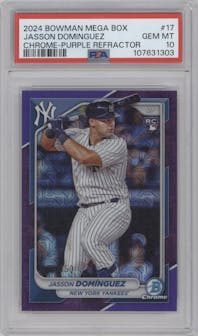 Jasson Dominguez from the 2024 Bowman Mega Box set featuring a Purple Refractor parallel graded by PSA and given an overall grade of 10.