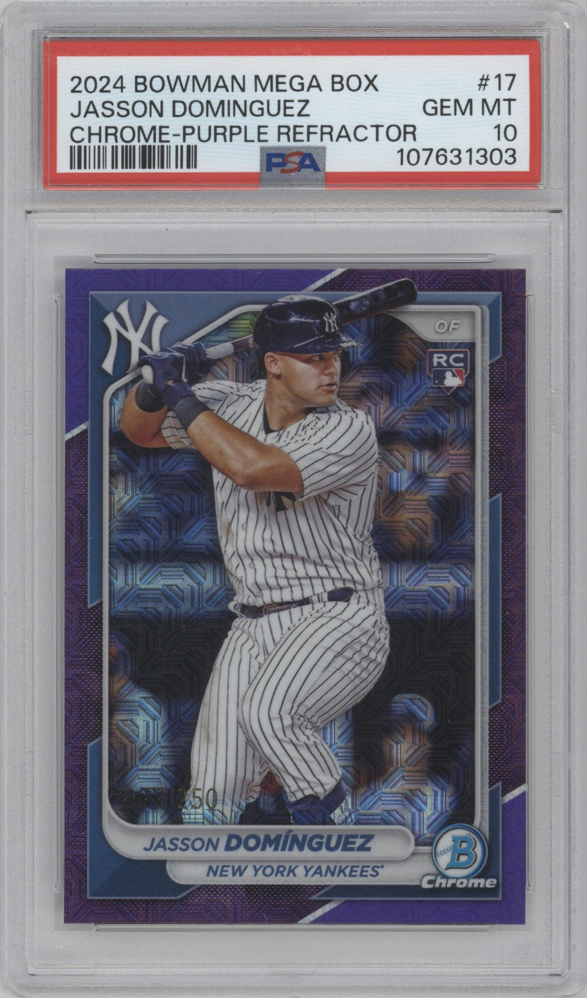 Jasson Dominguez from the 2024 Bowman Mega Box set featuring a Purple Refractor parallel graded by PSA and given an overall grade of 10.