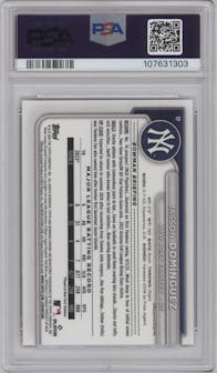 Jasson Dominguez from the 2024 Bowman Mega Box set featuring a Purple Refractor parallel graded by PSA and given an overall grade of 10.