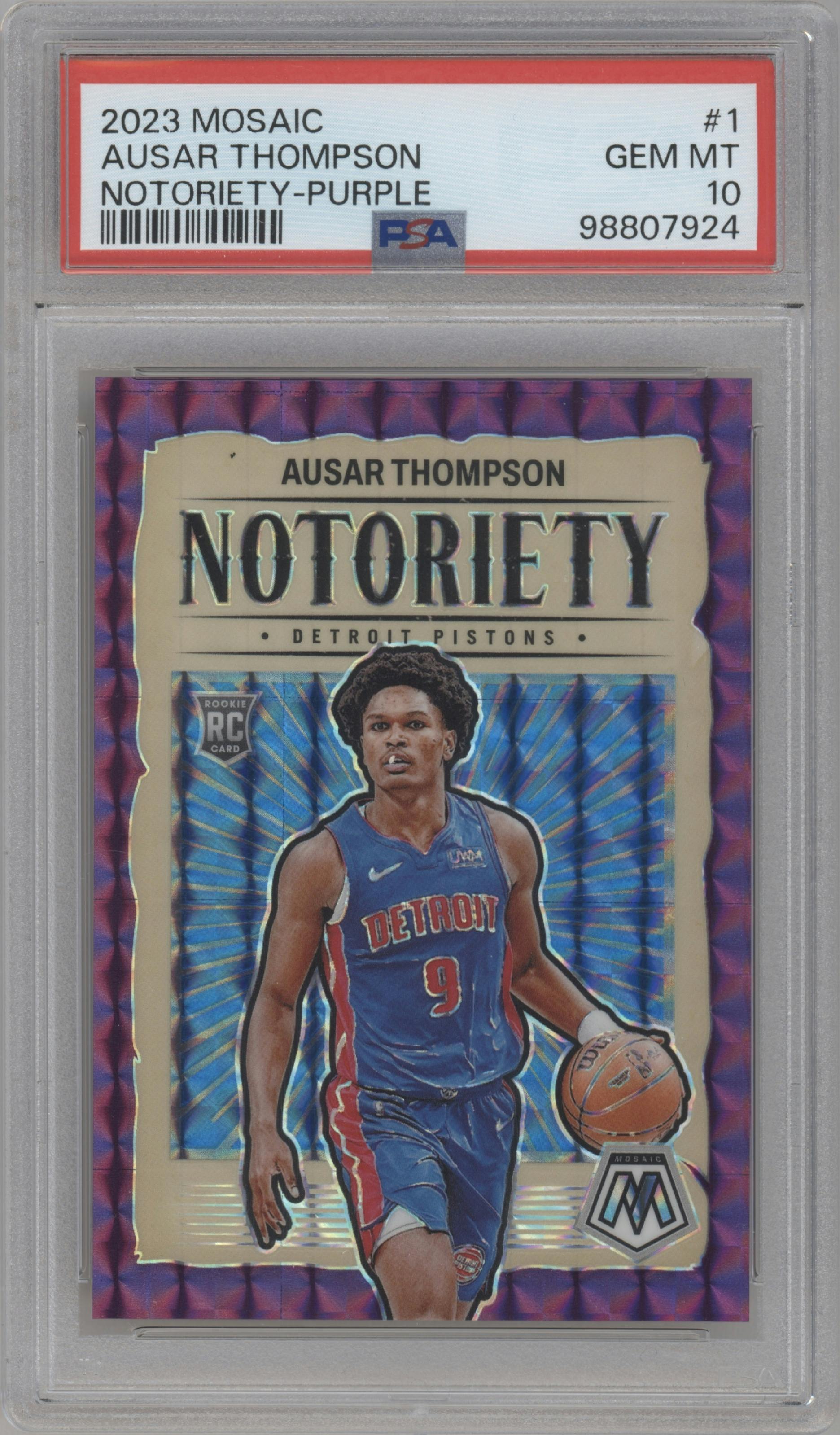 Ausar Thompson from the 2023-24 Panini Mosaic set featuring a Purple Mosaic parallel graded by PSA and given an overall grade of 10.