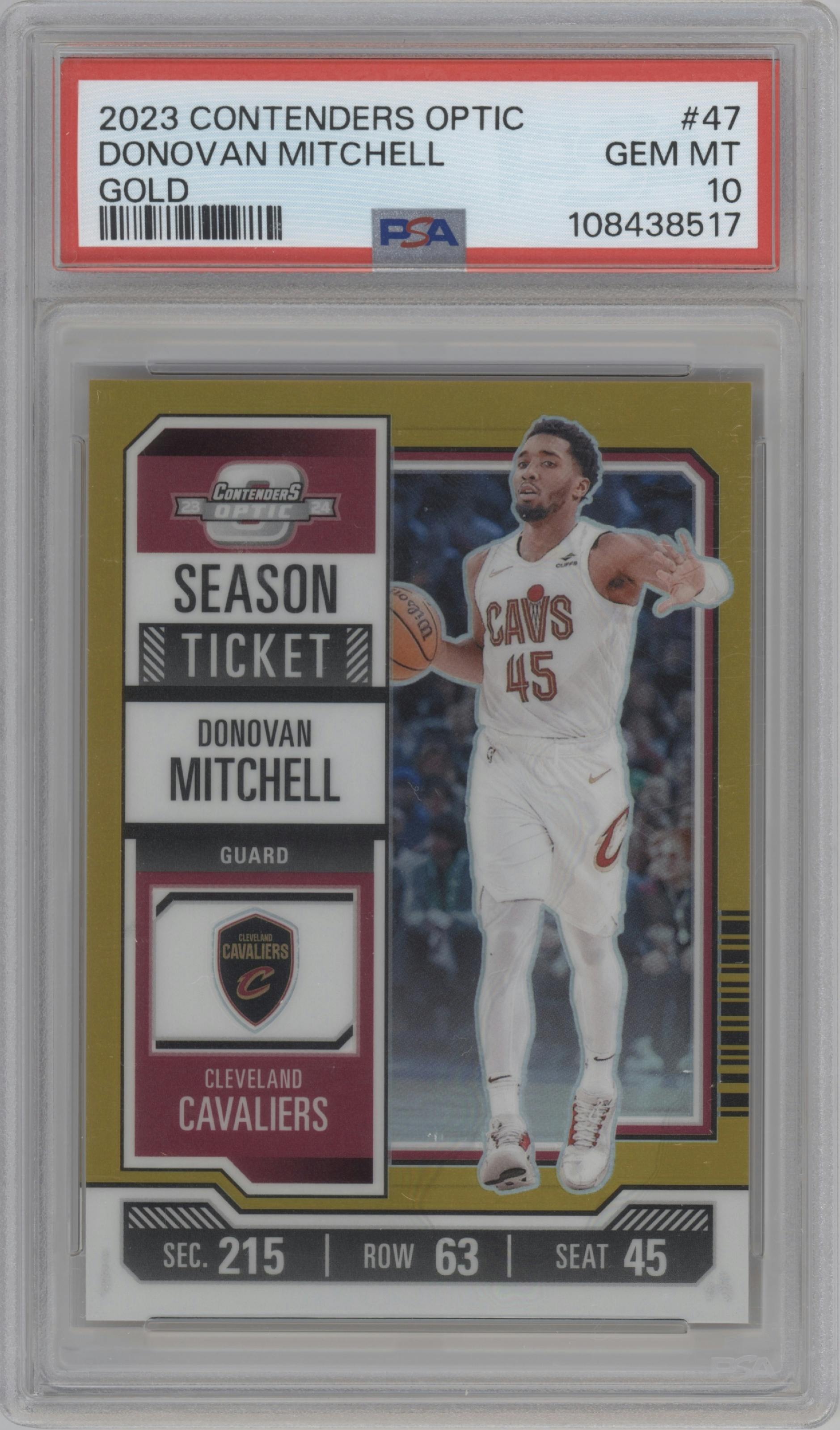 Donovan Mitchell from the 2023-24 Panini Contenders Optic set featuring a Gold parallel graded by PSA and given an overall grade of 10.