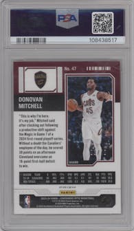 Donovan Mitchell from the 2023-24 Panini Contenders Optic set featuring a Gold parallel graded by PSA and given an overall grade of 10.