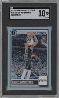 Victor Wembanyama from the 2023-24 Panini Hoops Premium Stock set featuring a Silver parallel graded by SGC and given an overall grade of 10.