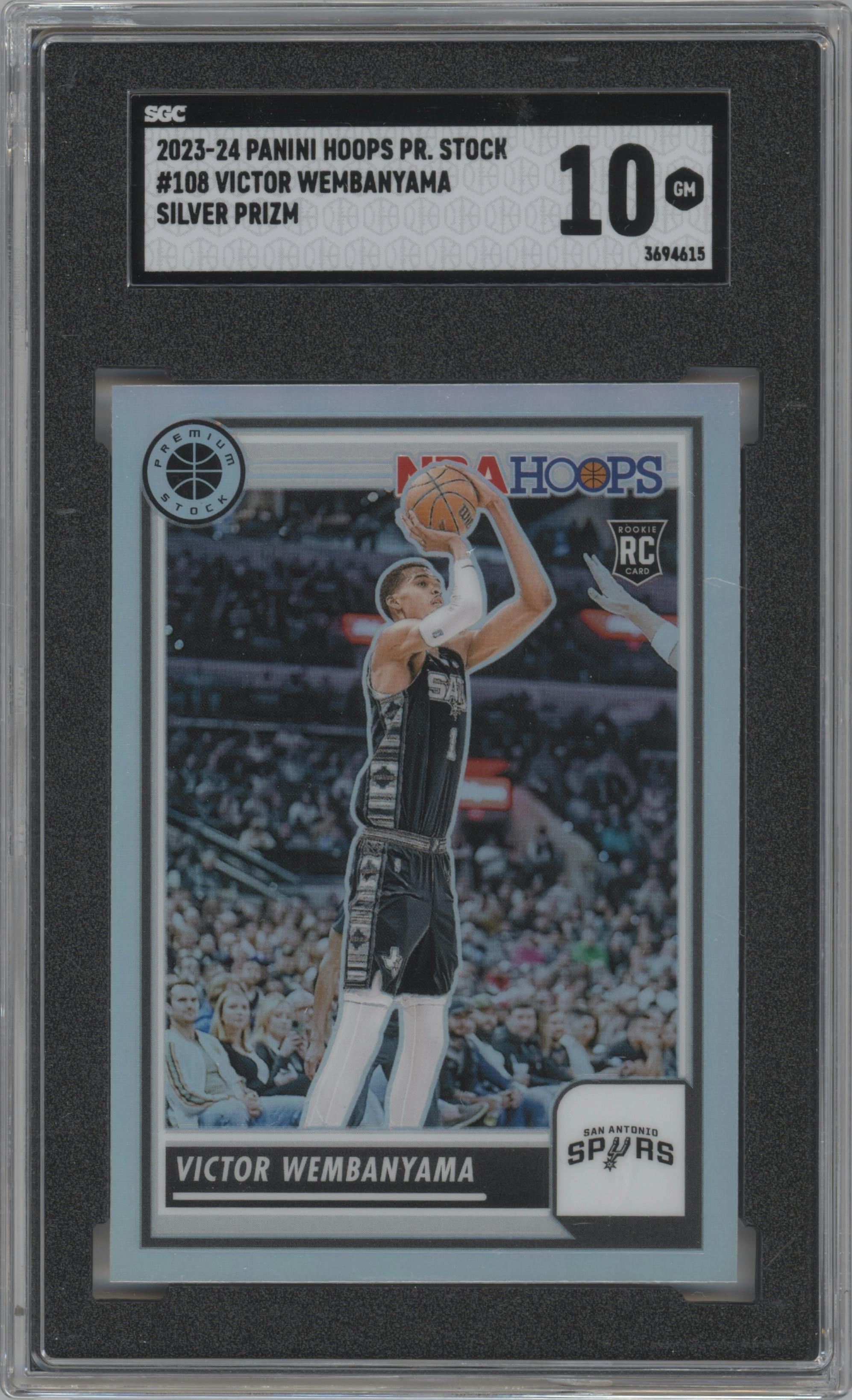 Victor Wembanyama from the 2023-24 Panini Hoops Premium Stock set featuring a Silver parallel graded by SGC and given an overall grade of 10.