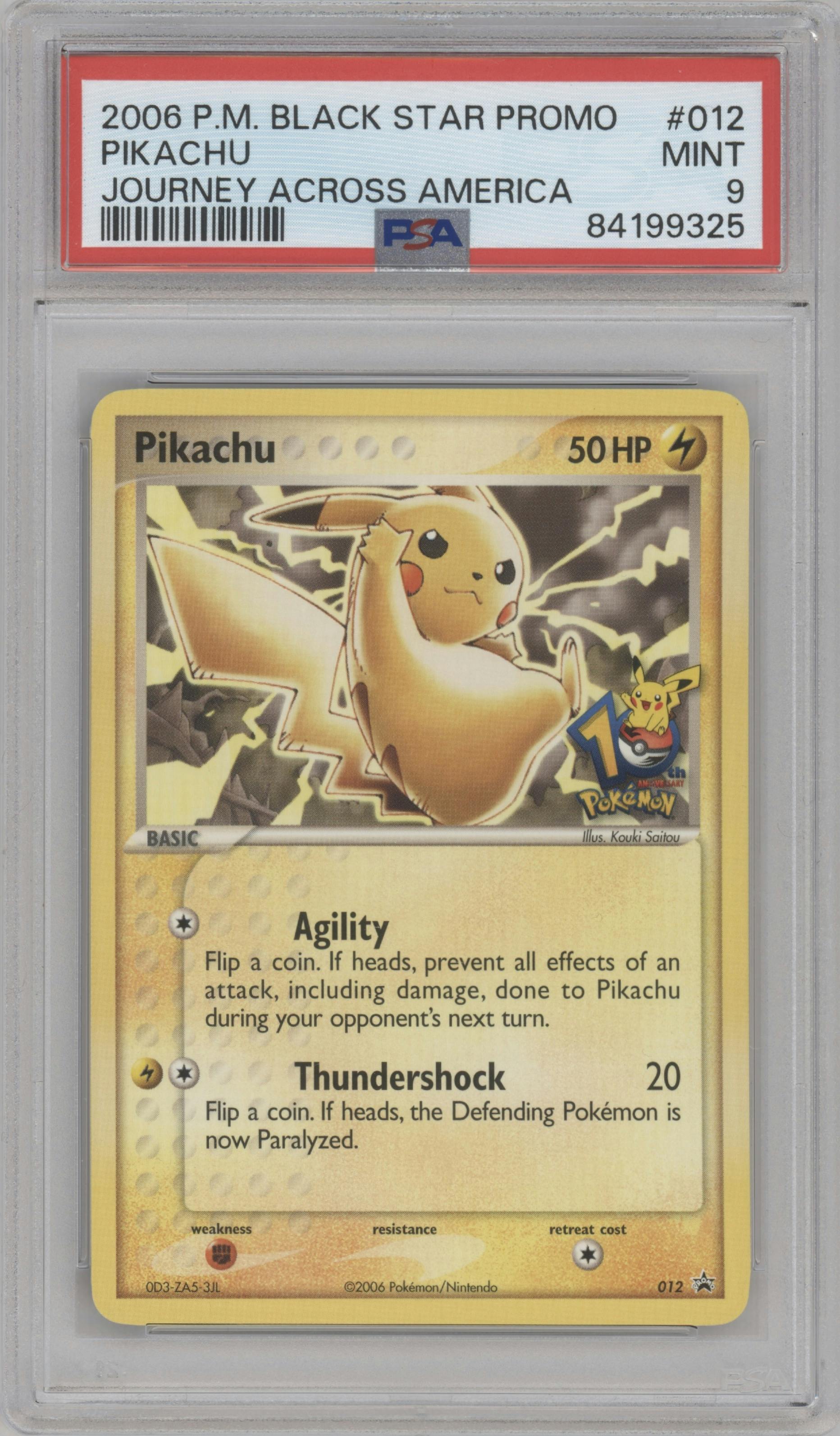 Pikachu from the 2006 Pokemon set featuring a 10th Anniversary Journey Across America parallel graded by PSA and given an overall grade of 9.