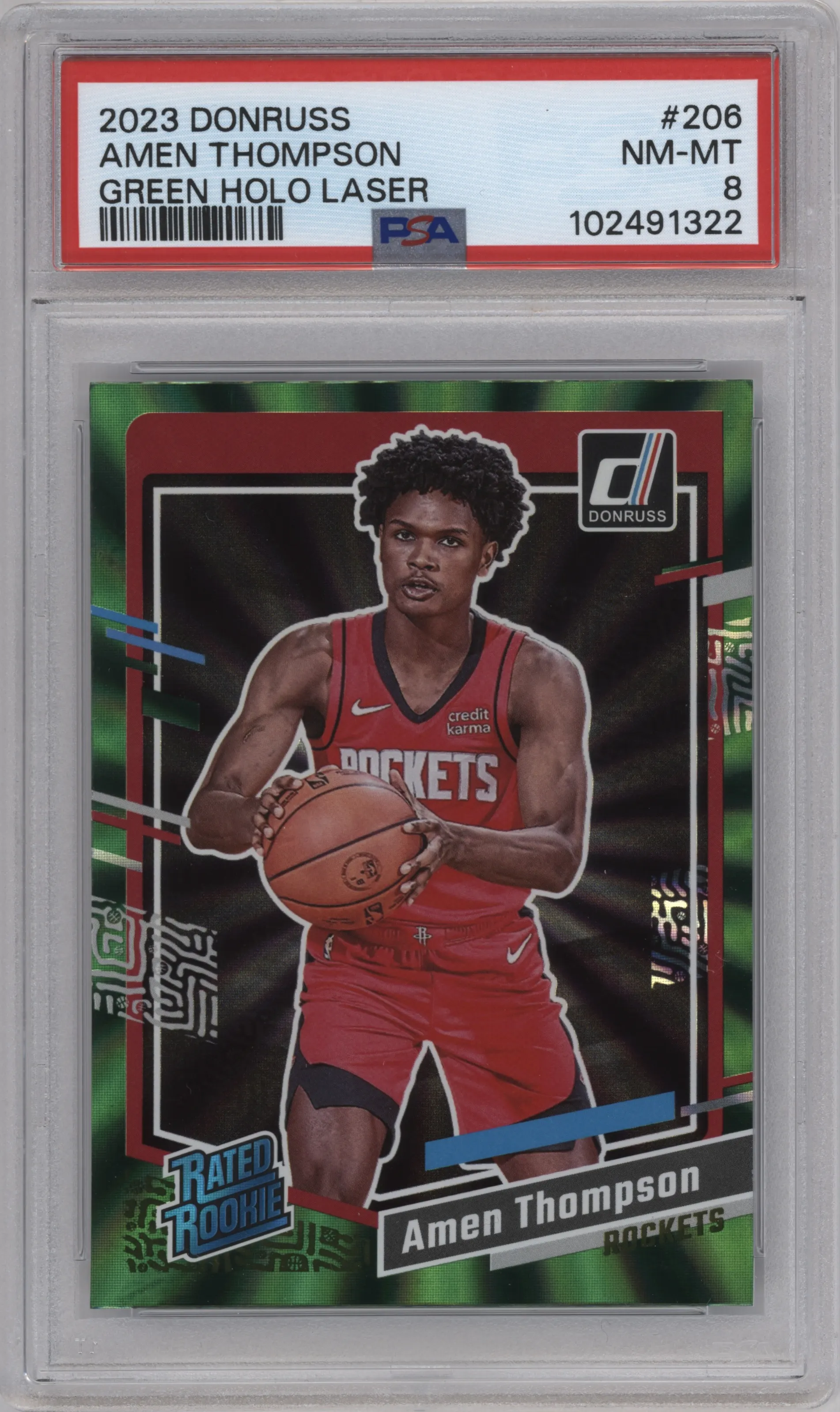 2023 Panini Donruss Rated Rookie Amen Thompson Green Holo Laser PSA 8