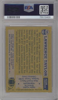 Lawrence Taylor from the 1982 Topps set graded by PSA and given an overall grade of 8.