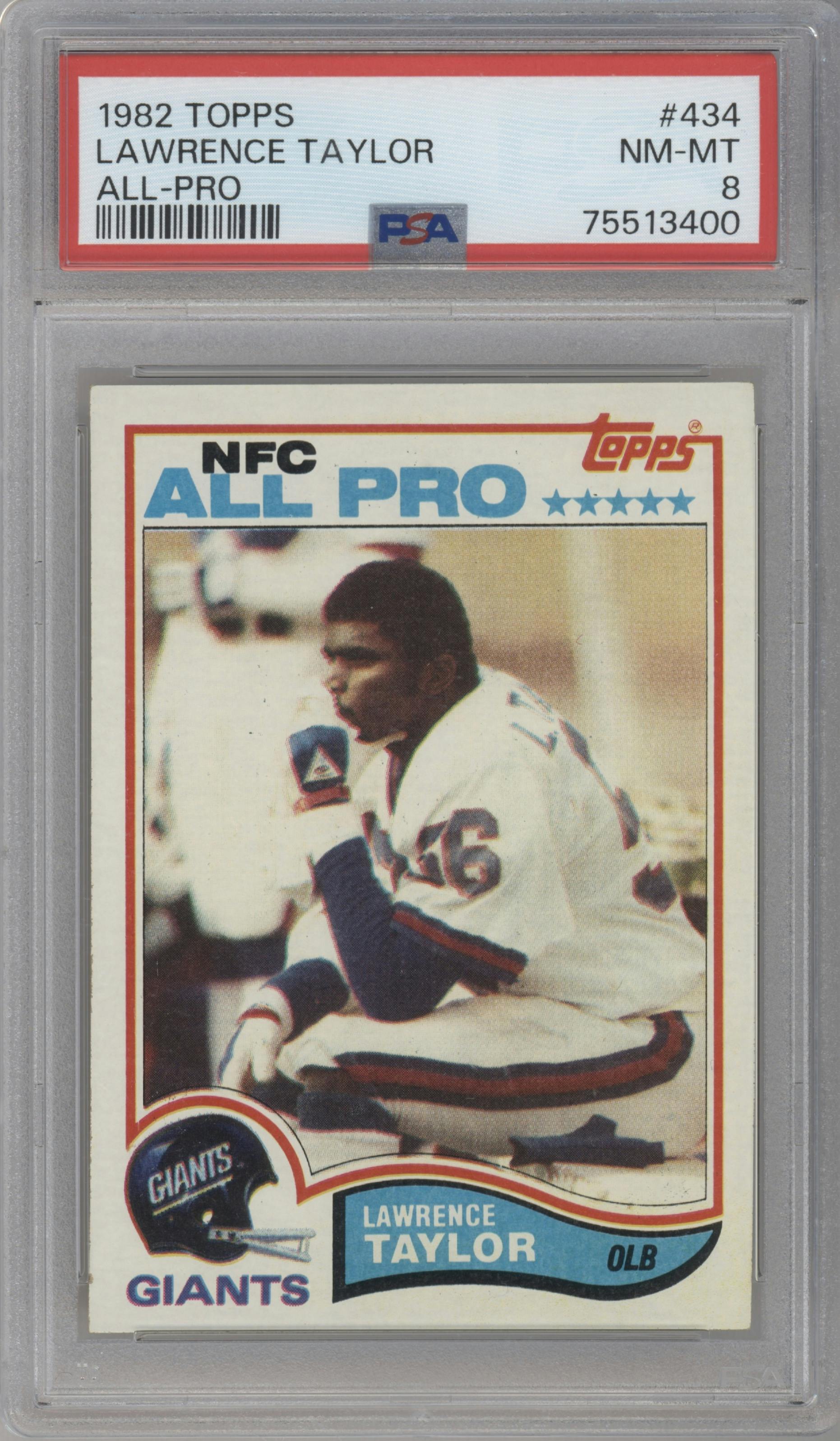 Lawrence Taylor from the 1982 Topps set graded by PSA and given an overall grade of 8.
