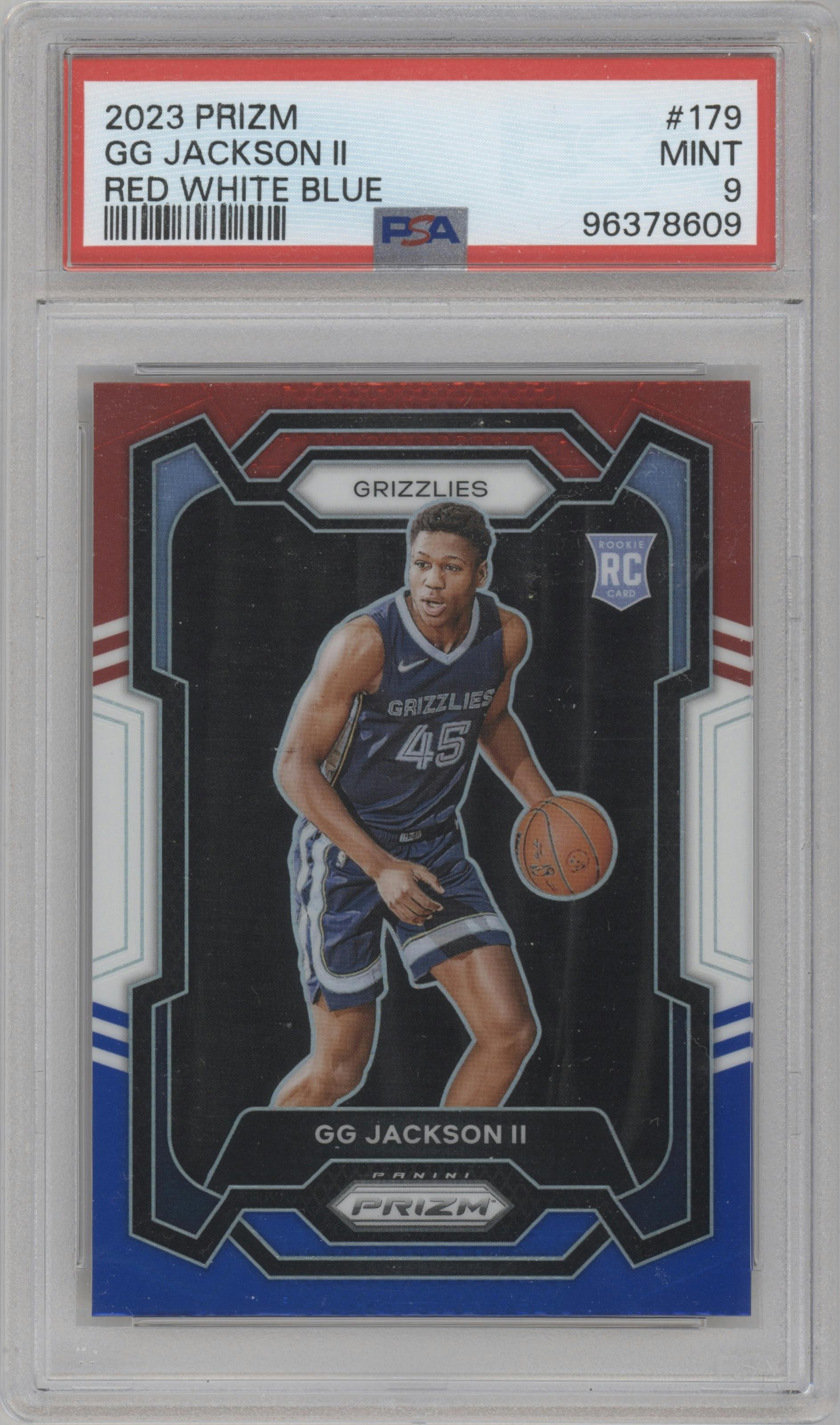 GG Jackson II from the 2023-24 Panini Prizm set featuring a Red White Blue Prizm parallel graded by PSA and given an overall grade of 9.