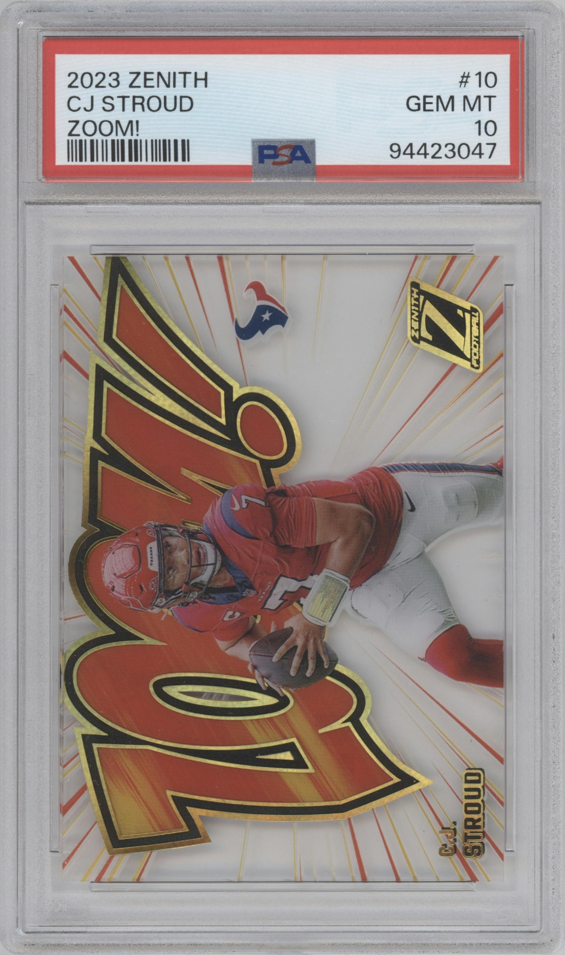 C.J. Stroud from the 2023 Panini Zenith set graded by PSA and given an overall grade of 10.