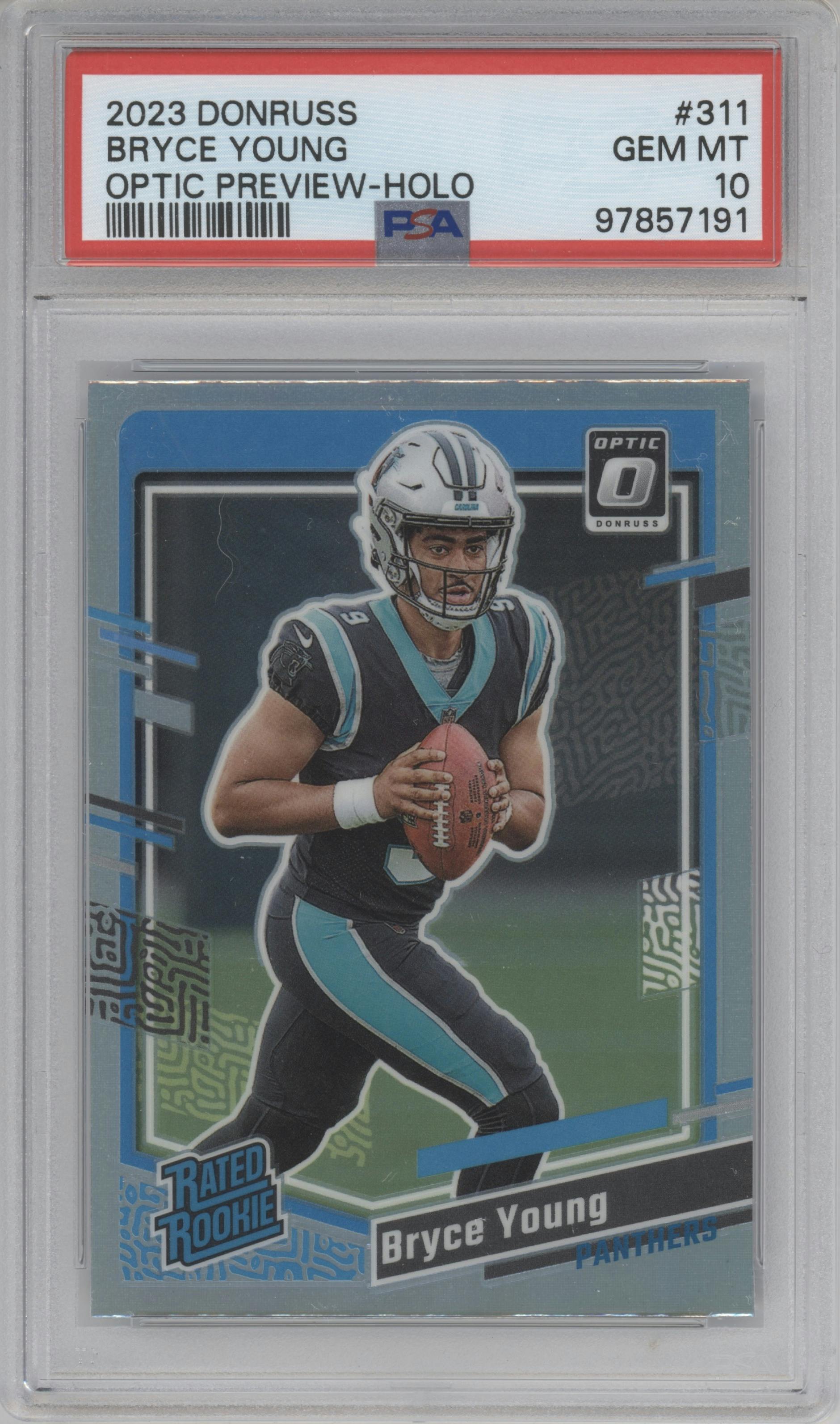 Bryce Young from the 2023 Panini Donruss set featuring a Holo parallel graded by PSA and given an overall grade of 10.