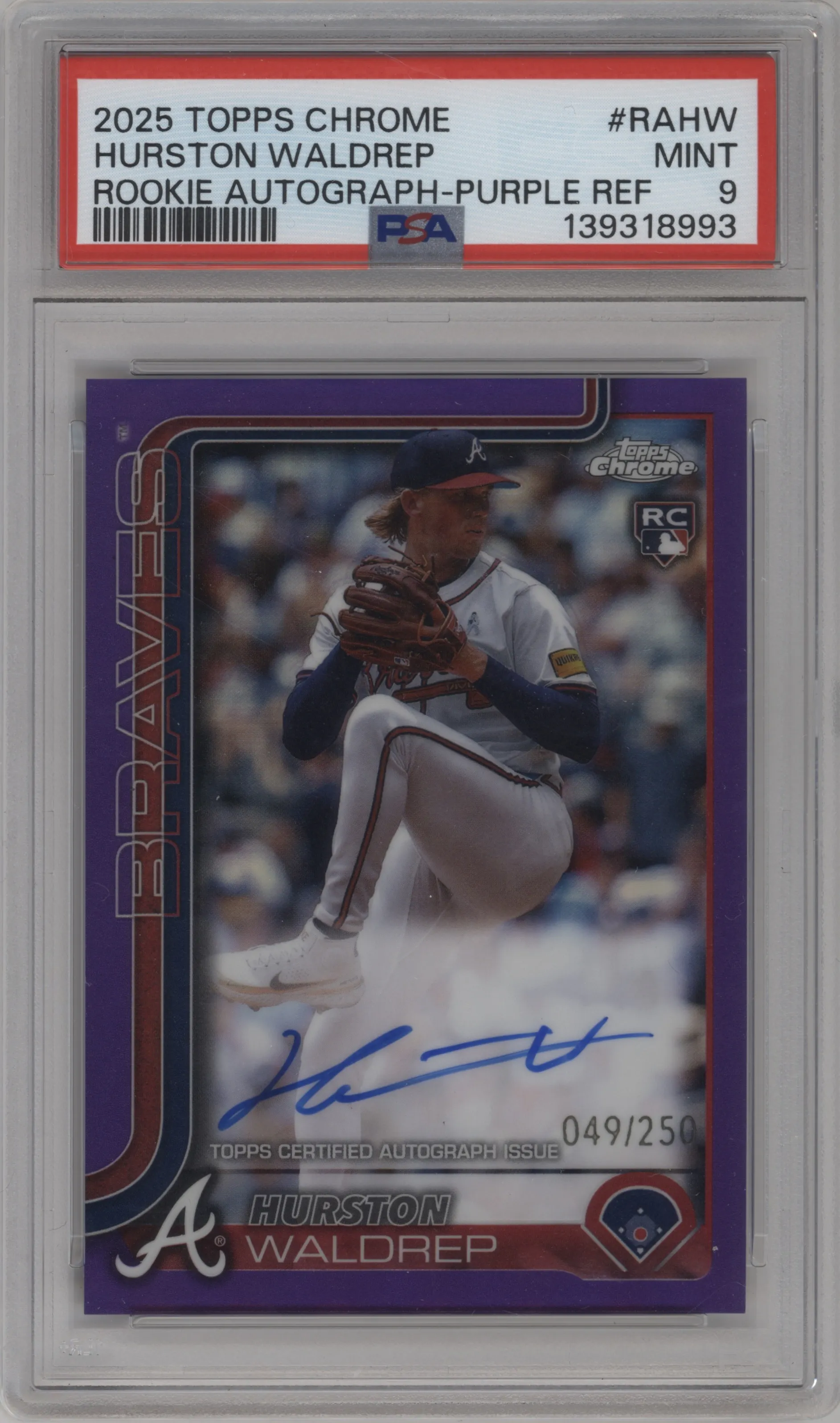 2025 Topps Chrome Rke.Auto Hurston Waldrep Purple Refractor PSA 9