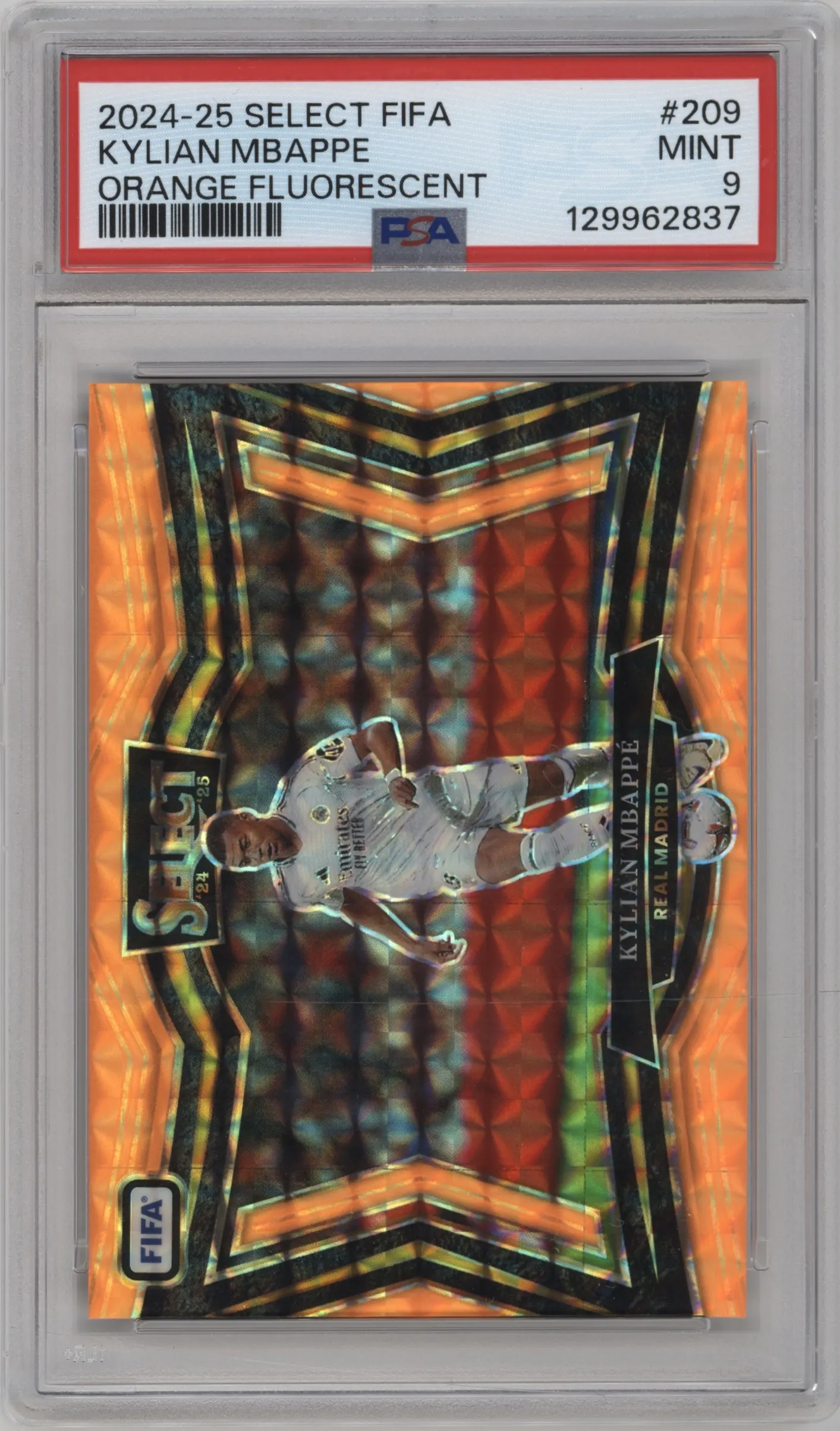 2024 Panini Select FIFA Field Lvl. Kylian Mbappe Orange Fluorescent #209 PSA 9