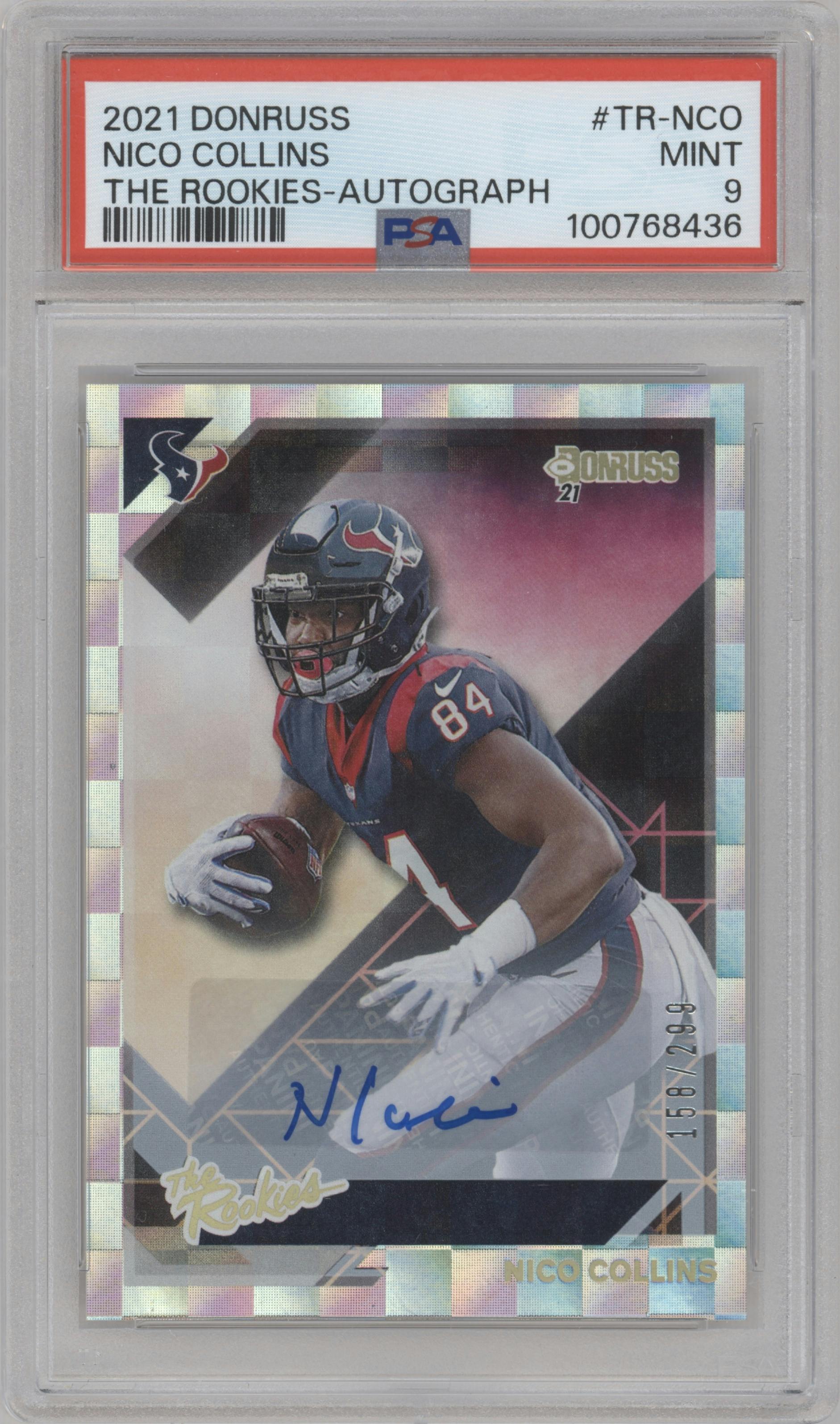 Nico Collins from the 2021 Panini Donruss set graded by PSA and given an overall grade of 9.