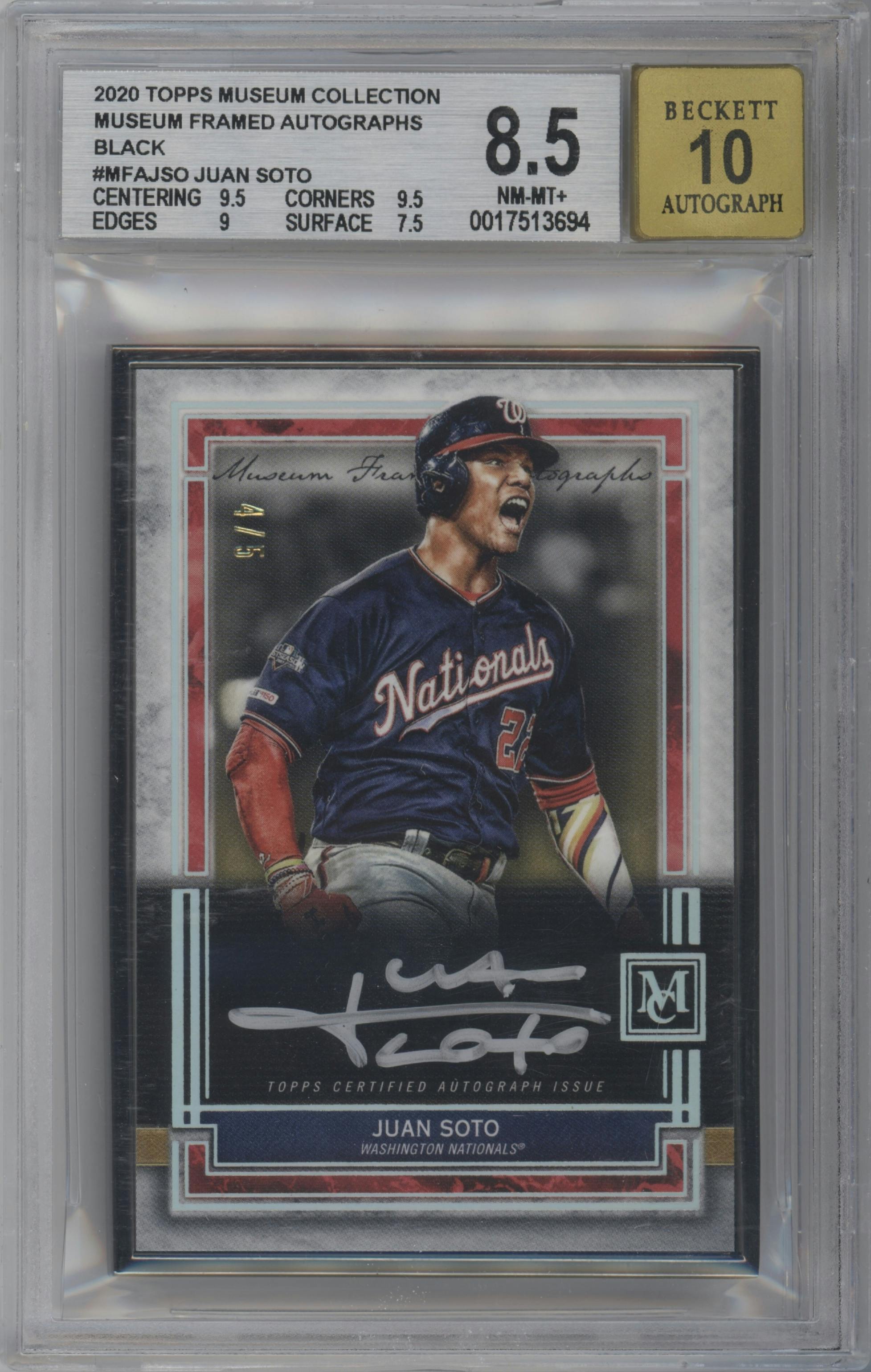 Juan Soto from the 2020 Topps Museum Collection set featuring a Black Frame parallel graded by Beckett and given an overall grade of 8.5.