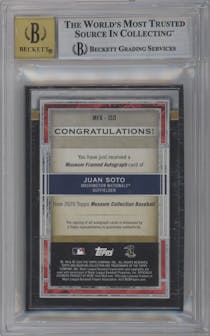 Juan Soto from the 2020 Topps Museum Collection set featuring a Black Frame parallel graded by Beckett and given an overall grade of 8.5.