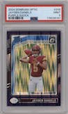 Jayden Daniels from the 2024 Donruss Optic set featuring a Purple Shock parallel graded by PSA and given an overall grade of 9.