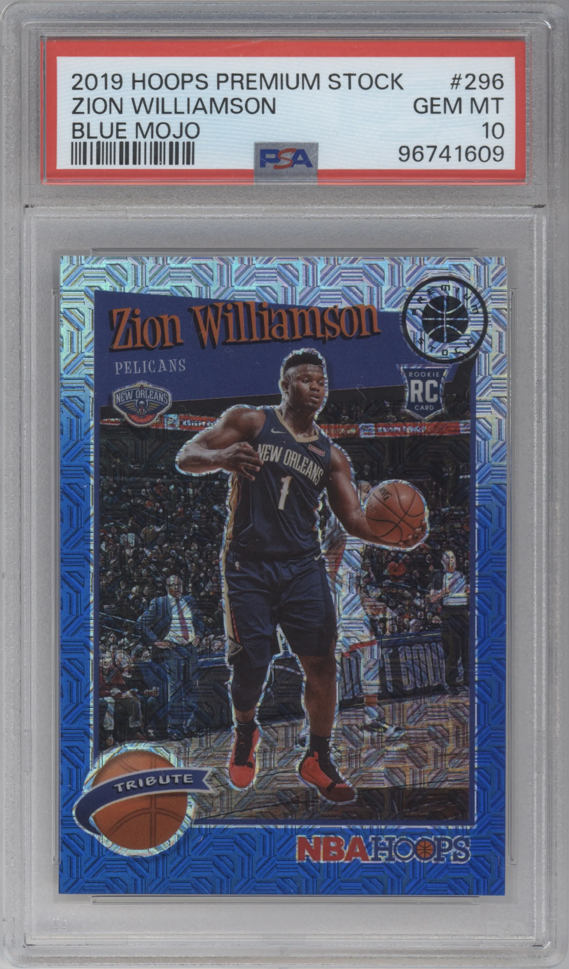 2019 Panini Hoops Premium Stock Tribute Zion Williamson Blue Mojo PSA 10