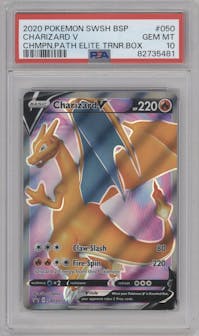 Charizard V from the 2020 Pokemon SWSH set featuring a Champion's Path ETB parallel graded by PSA and given an overall grade of 10.
