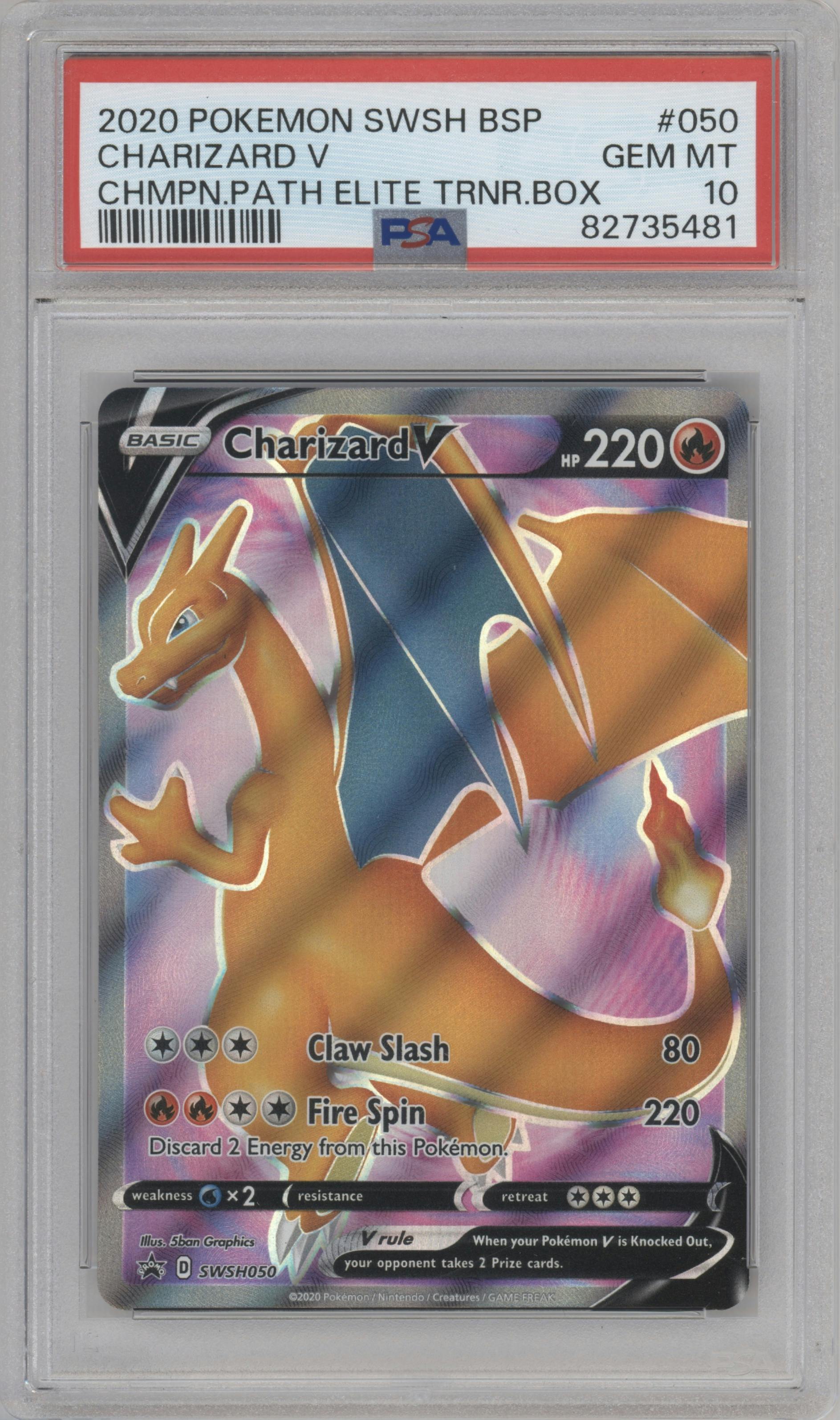 Charizard V from the 2020 Pokemon SWSH set featuring a Champion's Path ETB parallel graded by PSA and given an overall grade of 10.