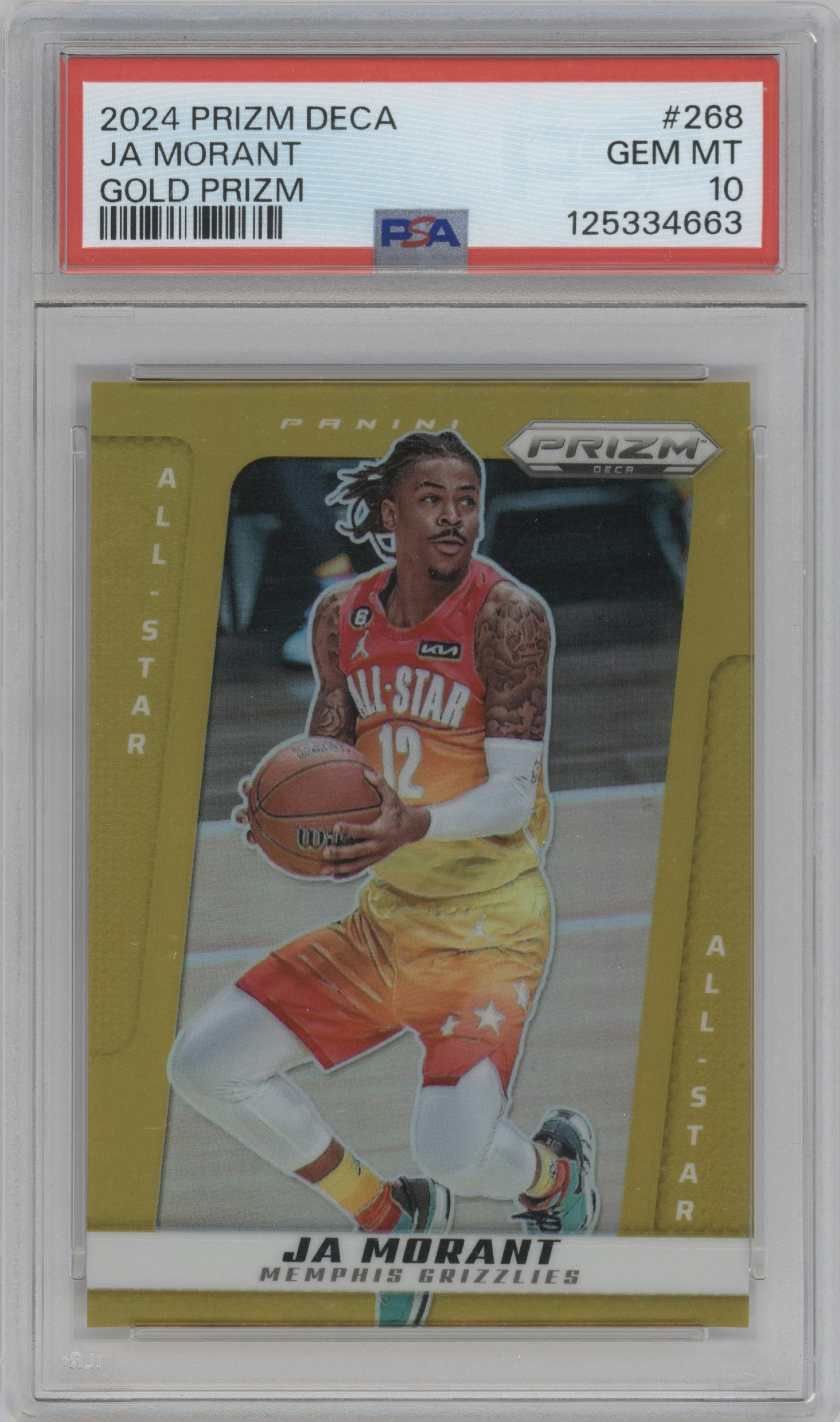Ja Morant from the 2024-25 Panini Prizm Deca set featuring a Gold Prizm parallel graded by PSA and given an overall grade of 10.