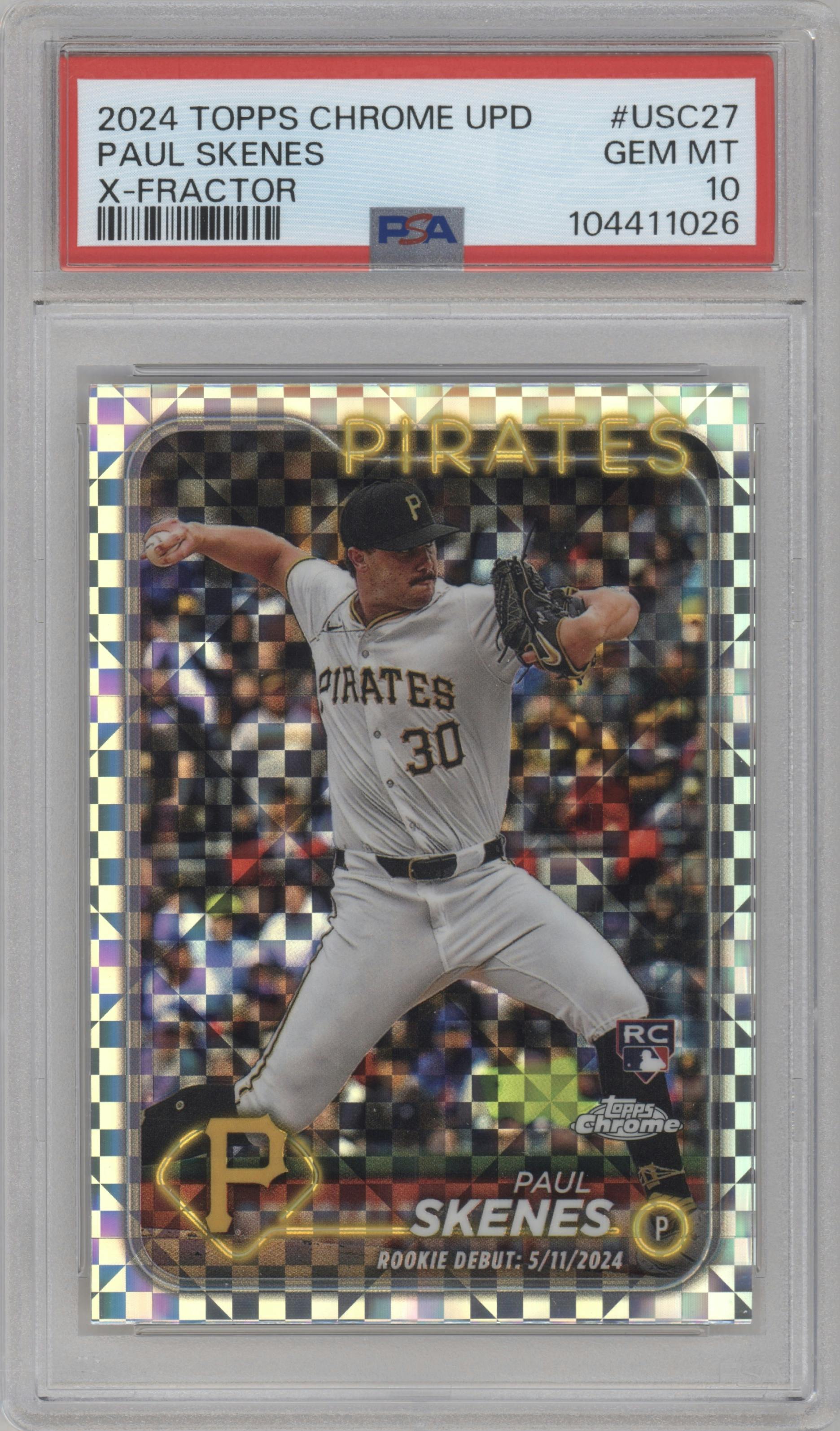 Paul Skenes from the 2024 Topps Chrome Update set featuring a X-Fractor parallel graded by PSA and given an overall grade of 10.