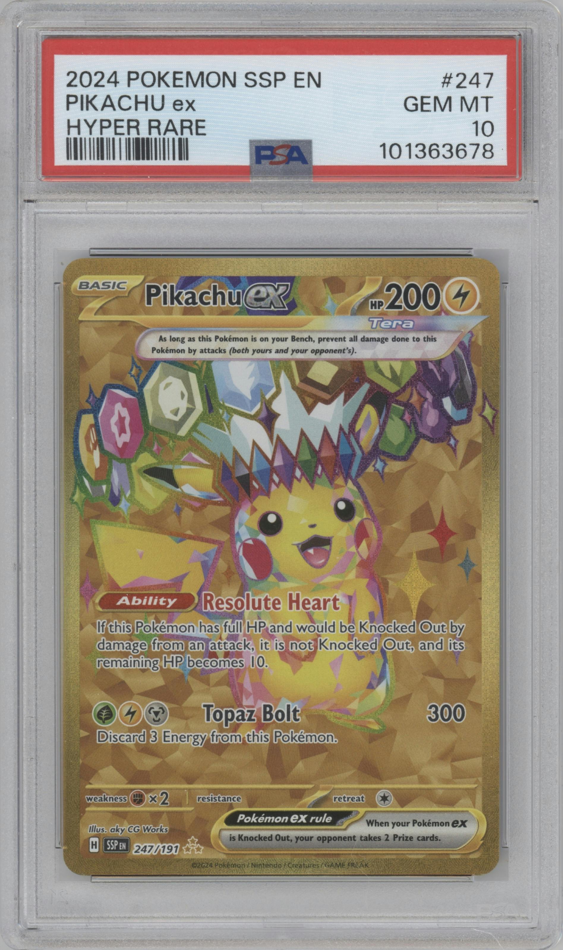 Pikachu ex from the 2024 Pokemon SV set graded by PSA and given an overall grade of 10.