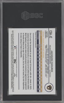 Jackson Chourio from the 2024 Topps Chrome Sapphire set featuring a Green parallel graded by SGC and given an overall grade of 10.