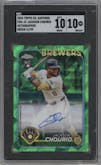 Jackson Chourio from the 2024 Topps Chrome Sapphire set featuring a Green parallel graded by SGC and given an overall grade of 10.