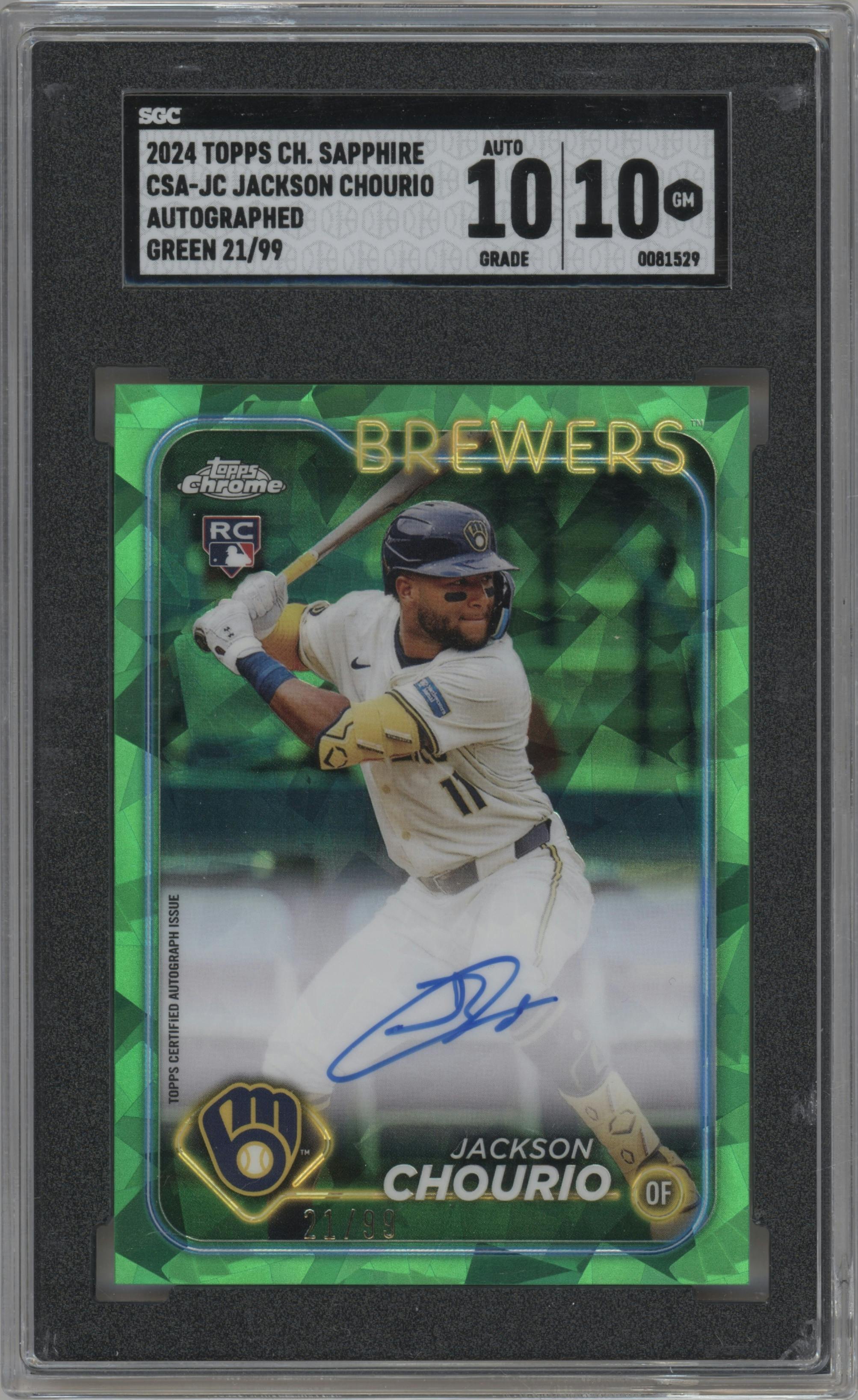 Jackson Chourio from the 2024 Topps Chrome Sapphire set featuring a Green parallel graded by SGC and given an overall grade of 10.