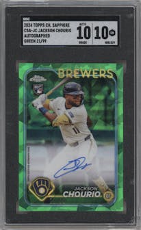 Jackson Chourio from the 2024 Topps Chrome Sapphire set featuring a Green parallel graded by SGC and given an overall grade of 10.