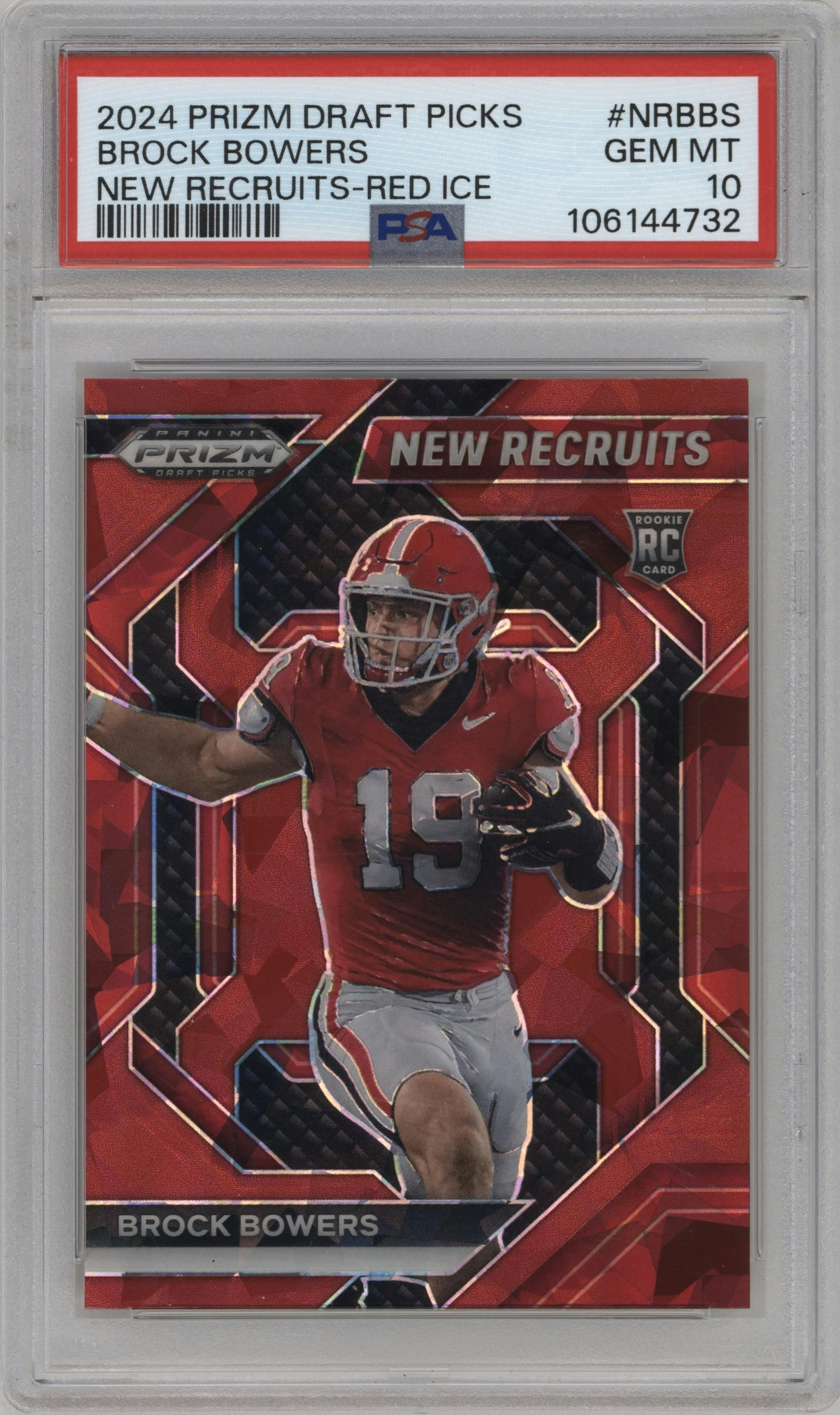 Brock Bowers from the 2024 Panini Prizm Draft Picks set featuring a Red Ice parallel graded by PSA and given an overall grade of 10.