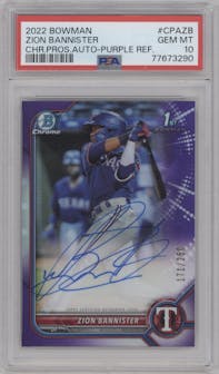 Zion Bannister from the 2022 Bowman set featuring a Purple Refractor parallel graded by PSA and given an overall grade of 10.