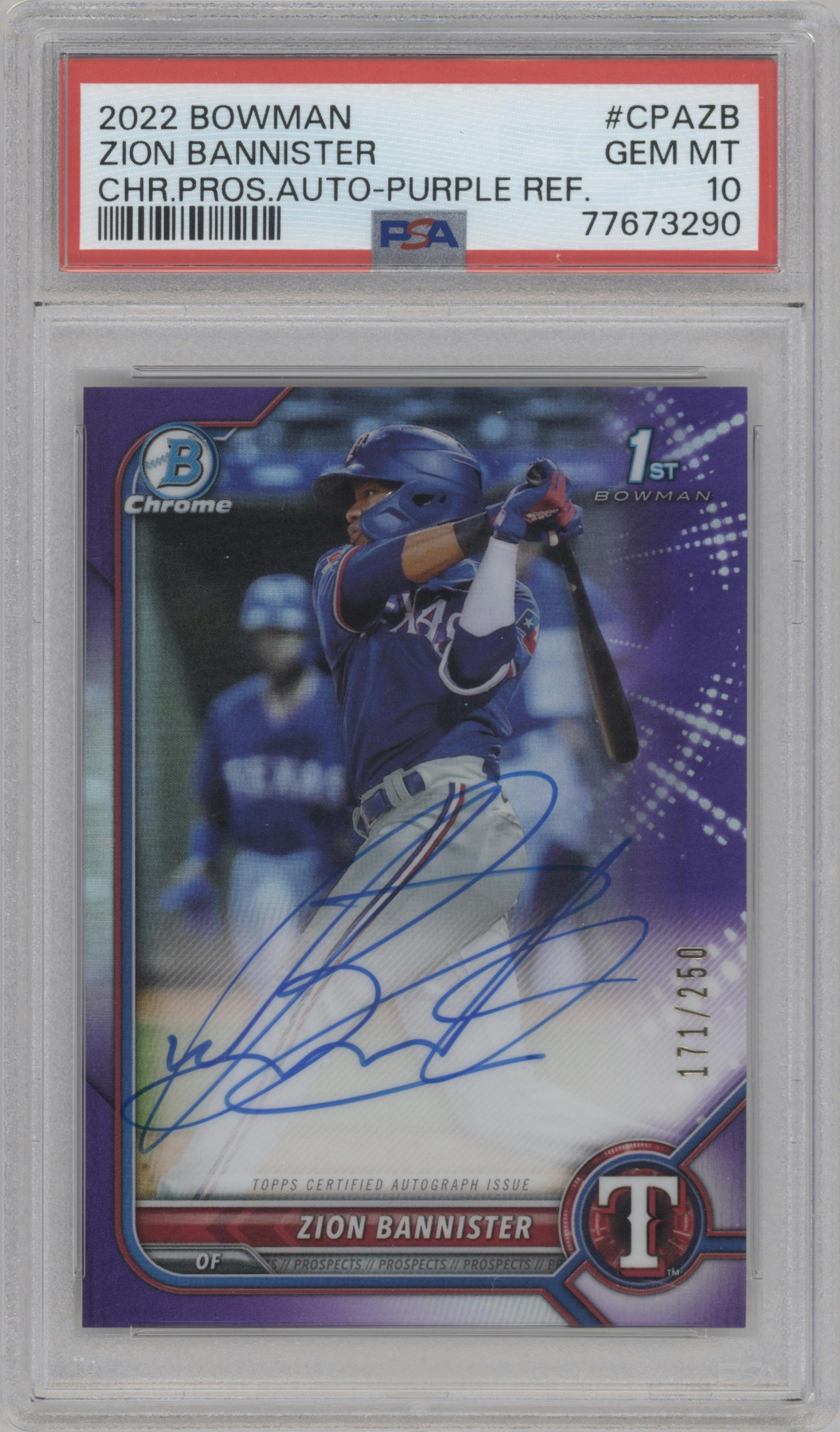 Zion Bannister from the 2022 Bowman set featuring a Purple Refractor parallel graded by PSA and given an overall grade of 10.
