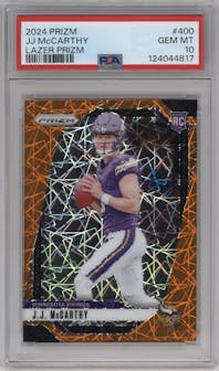 J.J. McCarthy from the 2024 Panini Prizm set featuring a Lazer Prizm parallel graded by PSA and given an overall grade of 10.
