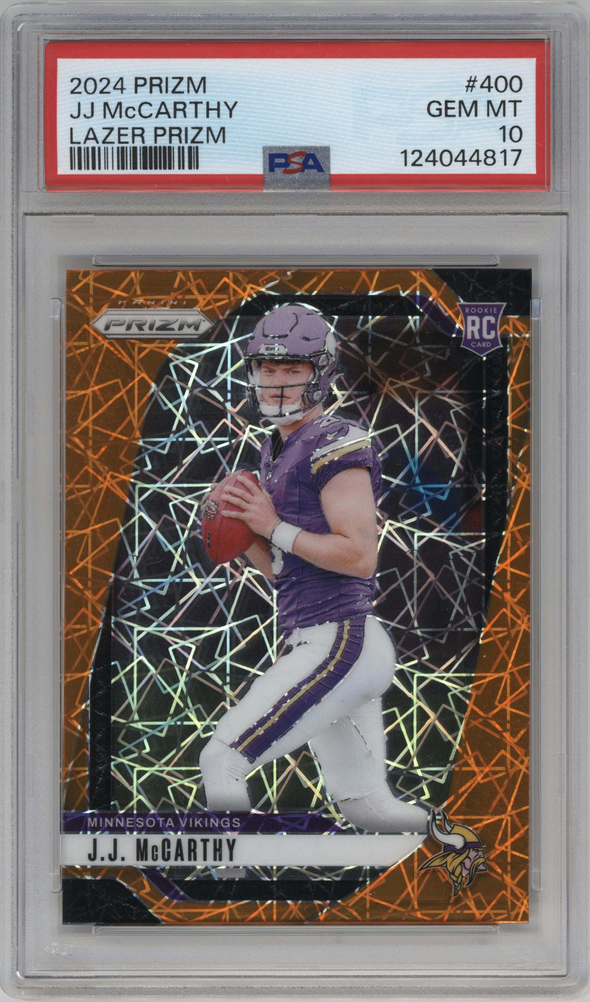 J.J. McCarthy from the 2024 Panini Prizm set featuring a Lazer Prizm parallel graded by PSA and given an overall grade of 10.