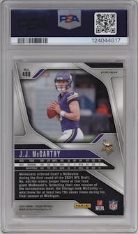 J.J. McCarthy from the 2024 Panini Prizm set featuring a Lazer Prizm parallel graded by PSA and given an overall grade of 10.